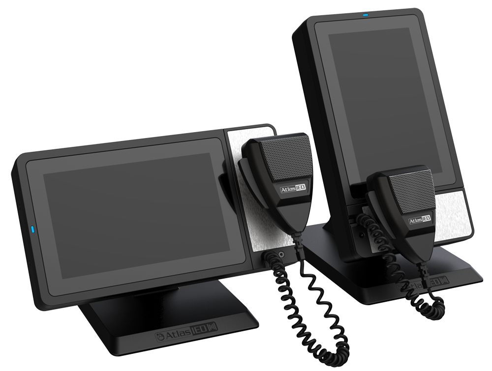 black AtlasIED digital communication mic station with programmable touchscreen for audio paging and messages